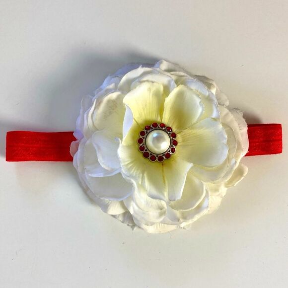 Christmas White Flower Headband Red Rhinestone Pearl Center Holiday Girls Baby - Picture 1 of 7